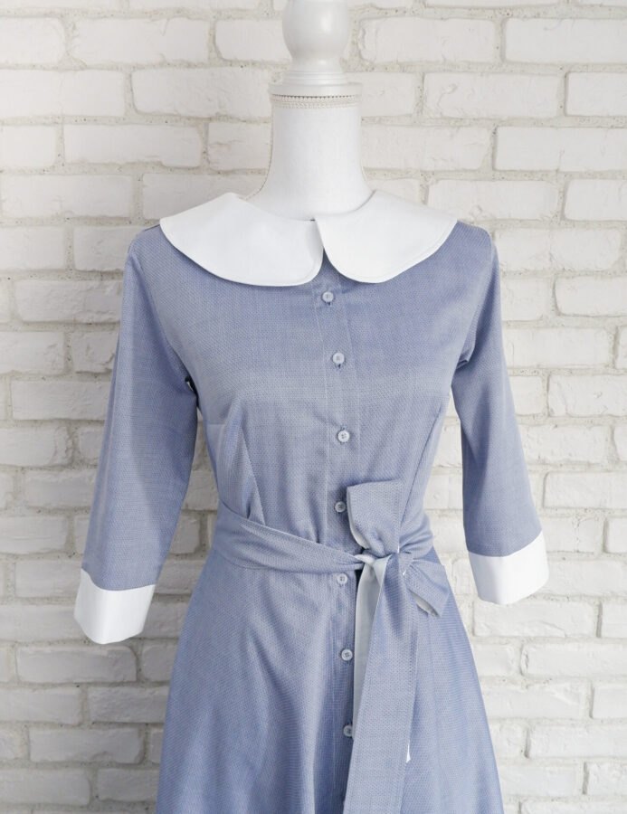 Rochie Cămașă Bleu cu Guler Mare Rotund Alb – 2