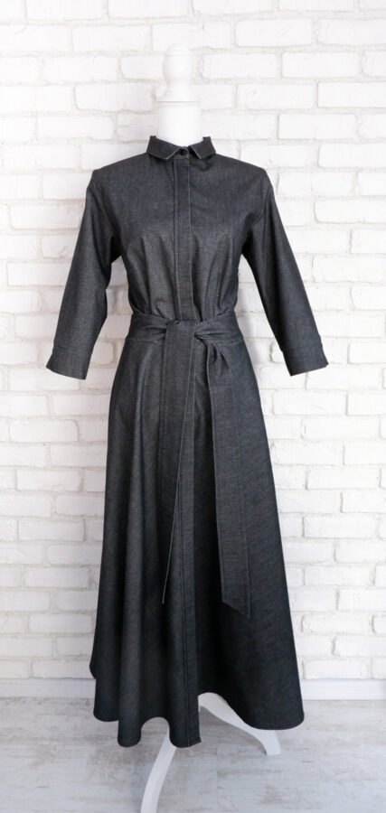 Rochie Cămașă Lungă Stofă Gri Închis Negru – 1
