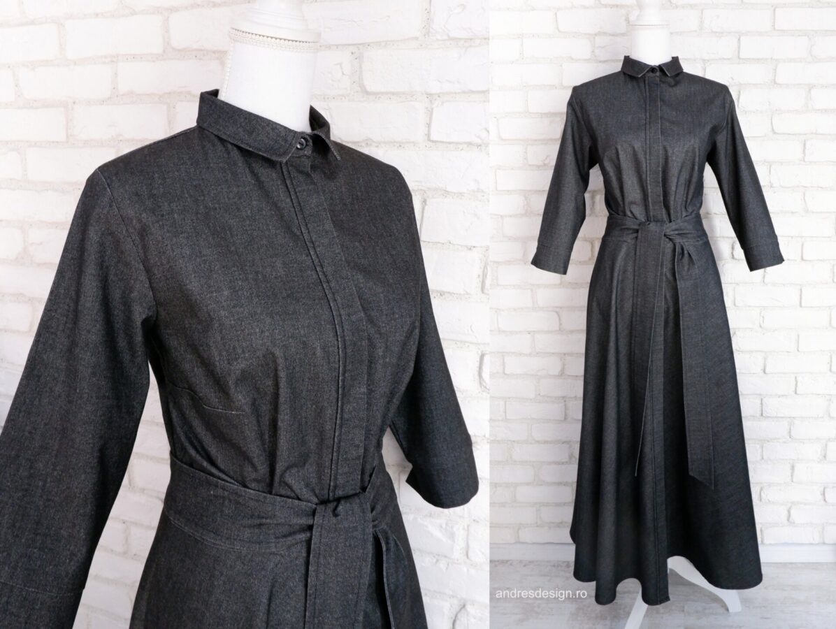 Rochie Cămașă Lungă Stofă Gri Închis Negru
