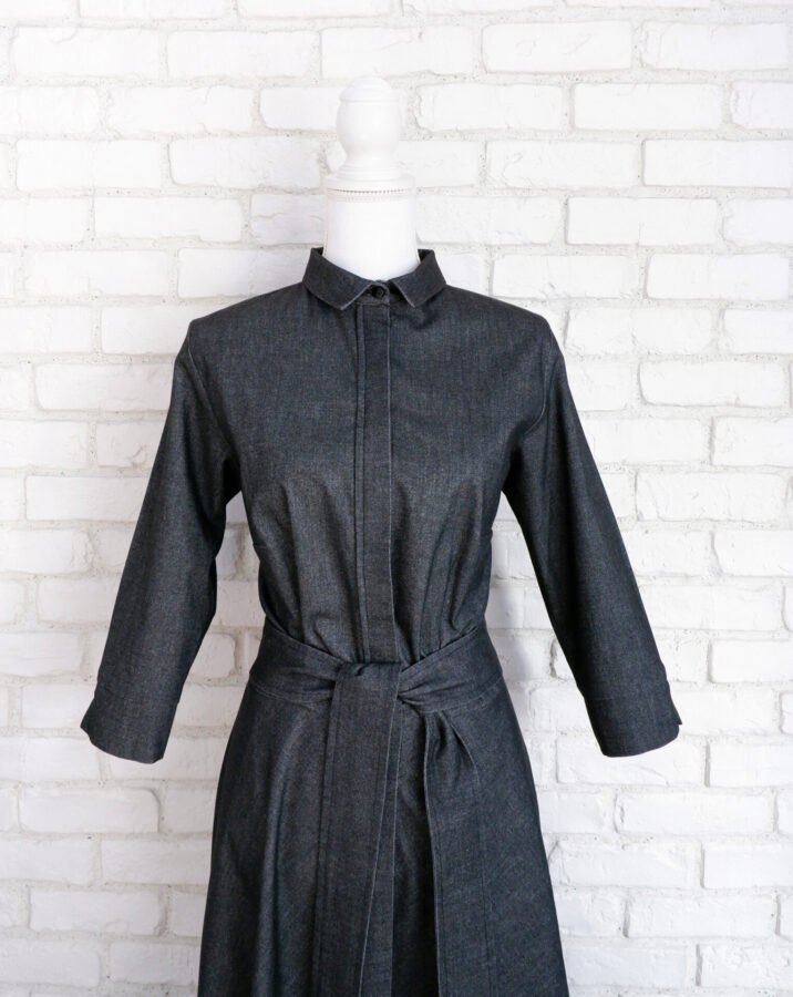 Rochie Cămașă Lungă Stofă Gri Închis Negru – 4