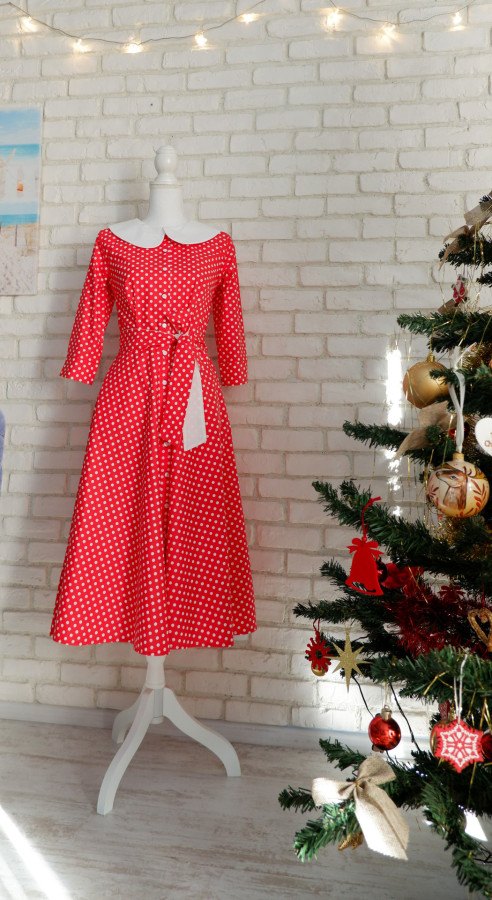 Rochie Cămașă Roșie cu Buline și Guler Mare Rotund Alb – 6
