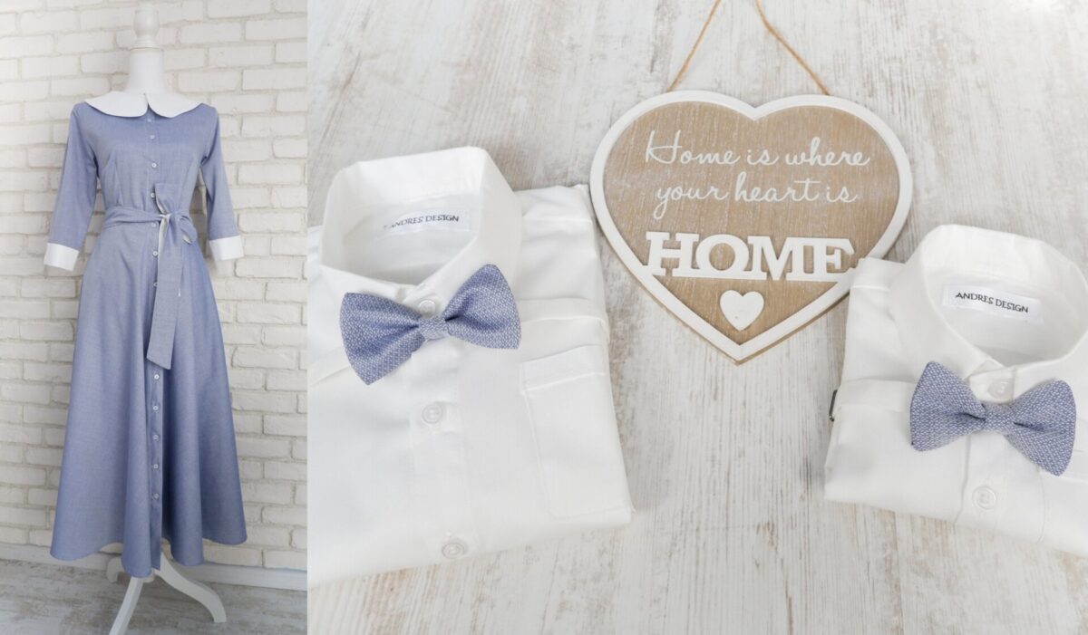 Set Rochie Mama și Cămăși Tata Fiu Bleu cu Alb