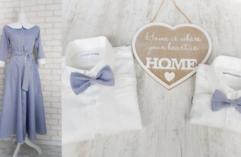 Set Rochie Mama si Camasi Tata Fiu Bleu cu Alb