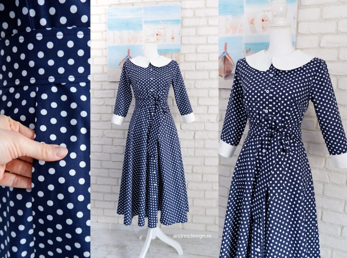 Rochie Cămașă Bleumarin cu Buline și Guler Mare Rotund Alb