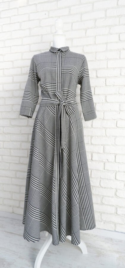Rochie Cămașă Stofă Negru cu Alb – 1