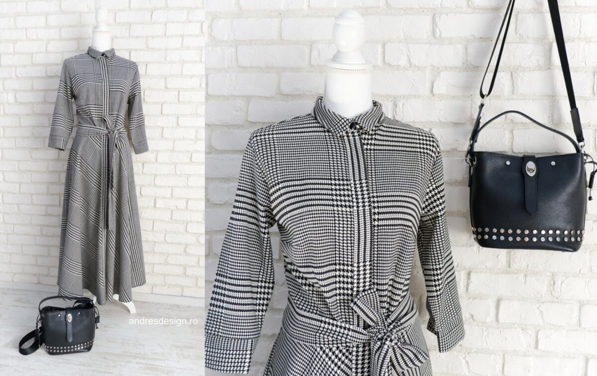 Rochie Cămașă Stofă Negru cu Alb