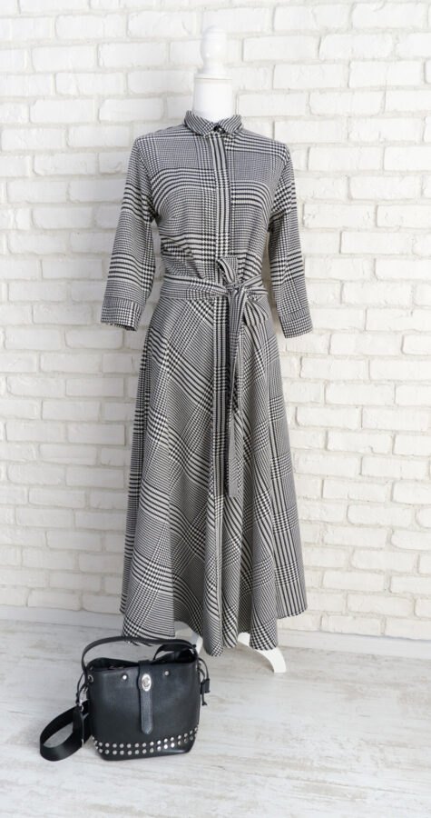 Rochie Cămașă Stofă Negru cu Alb – 2