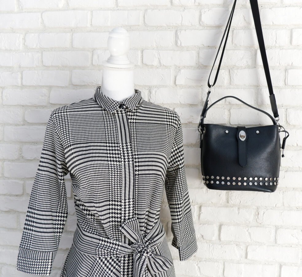 Rochie Cămașă Stofă Negru cu Alb – 3