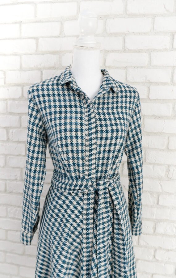 Rochie Cămașă Stofa Picior de Cocoș Turcoaz cu Crem – 3