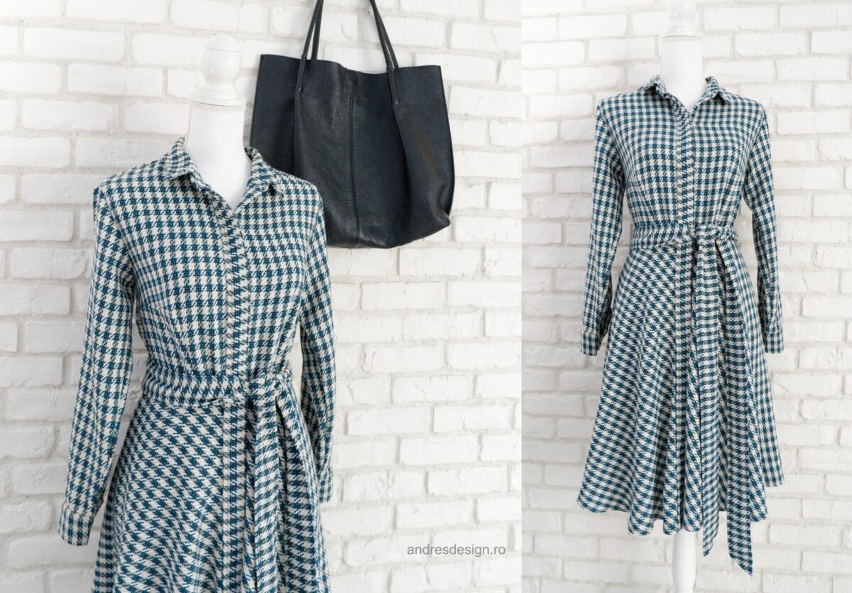 Rochie Cămașă Stofa Picior de Cocoș Turcoaz cu Crem