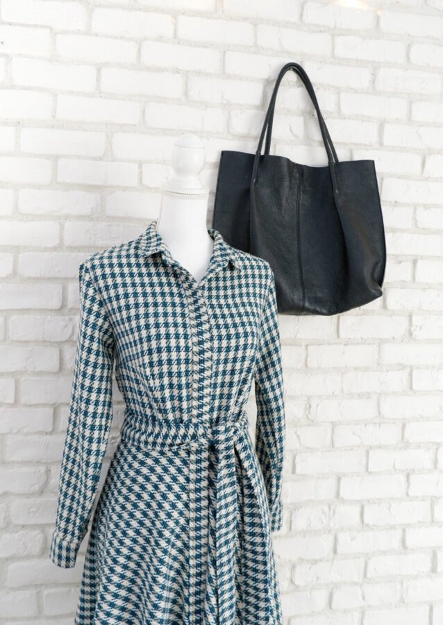 Rochie Cămașă Stofa Picior de Cocoș Turcoaz cu Crem – 2