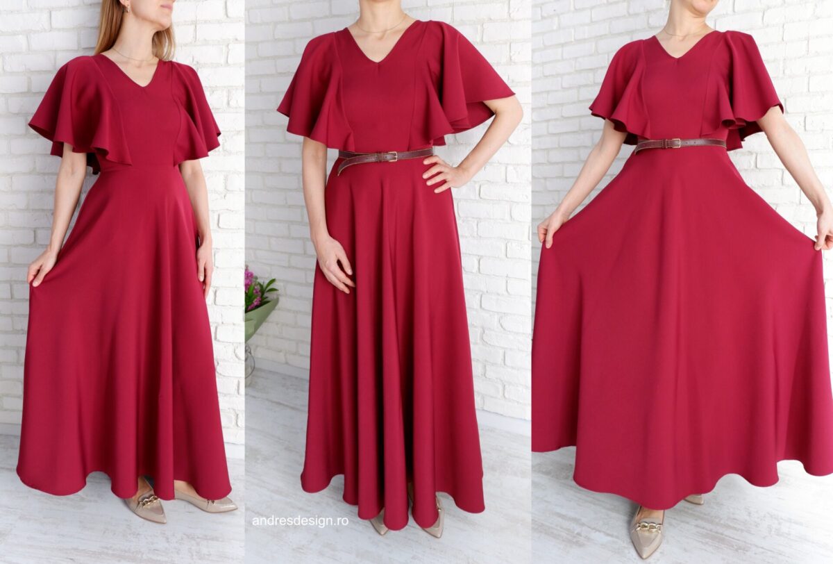 Rochie Lungă Elegantă Grena cu Volane pe Umeri