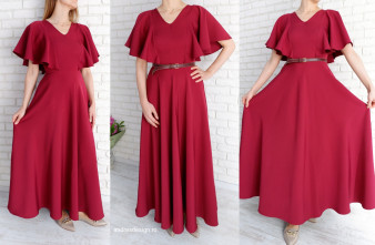 Rochie Lunga Eleganta Grena cu Volane pe Umeri