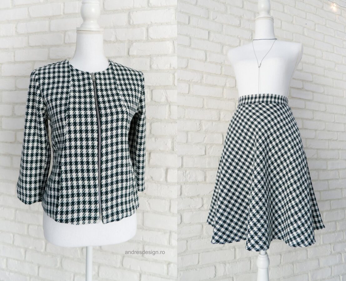 Costum Fustă și Sacou Stofă Verde Închis cu Crem