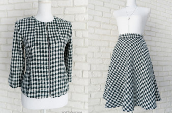 Costum Fusta si Sacou Stofa Verde Inchis cu Crem