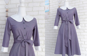 Rochie Camasa Denim cu Dungi si Guler Mare Rotund Alb