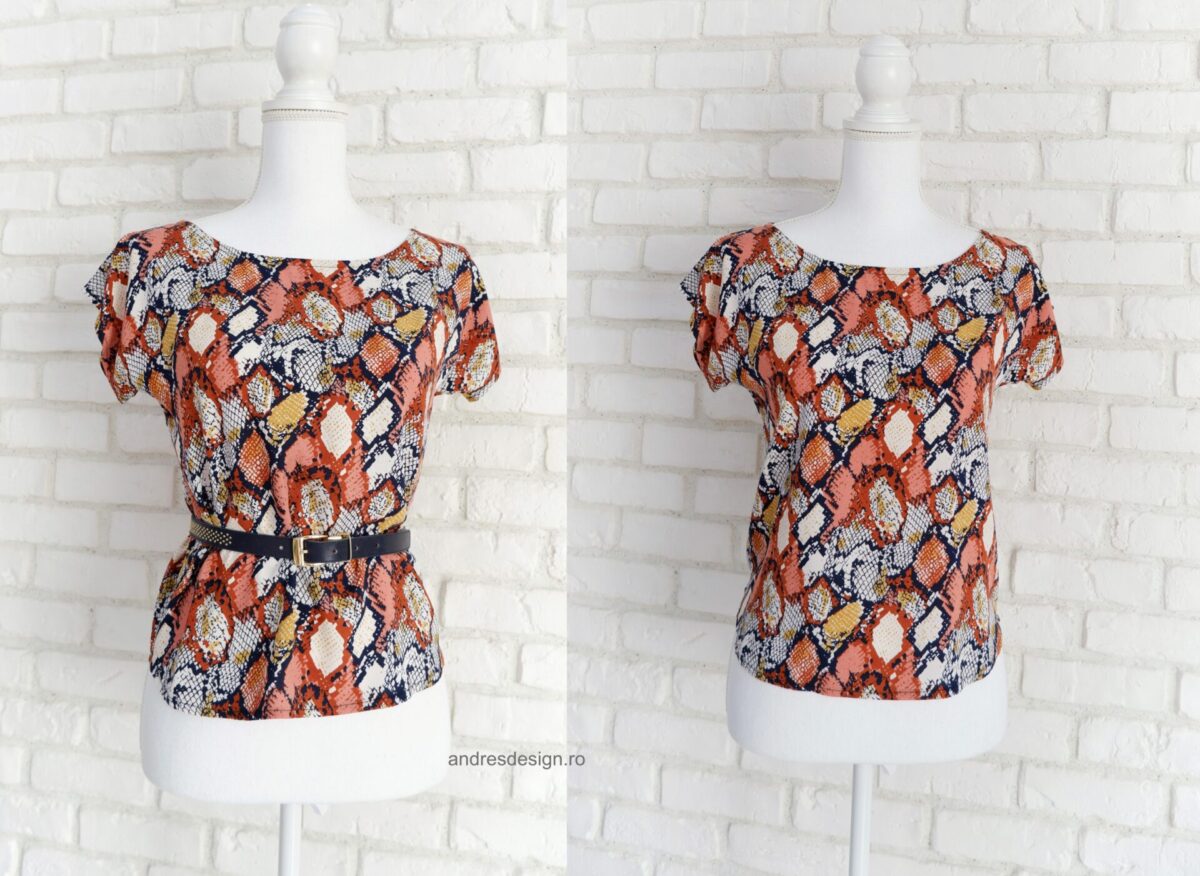 Bluza Vaporoasă Print Șarpe Cărămiziu cu Bleumarin