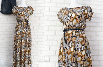 Bluza si Fusta Vaporoase Print Sarpe Bej cu Negru