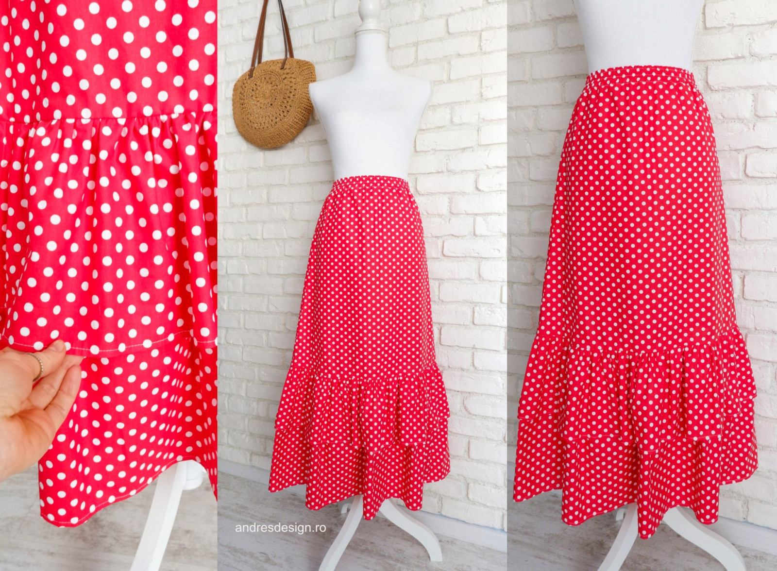 Fusta Lunga Volane Rosie cu Buline