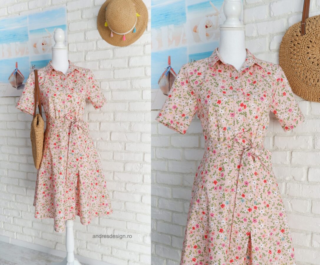 Rochie Cămașă Mânecă Scurtă Roz cu Flori Colorate