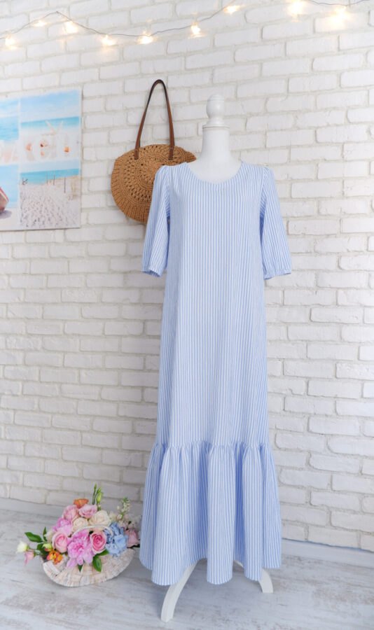 Rochie Lungă Volan Muselină Dungi Alb Bleu – 1