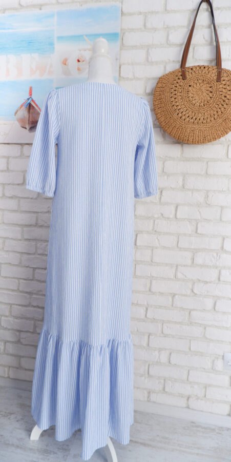 Rochie Lungă Volan Muselină Dungi Alb Bleu – 2