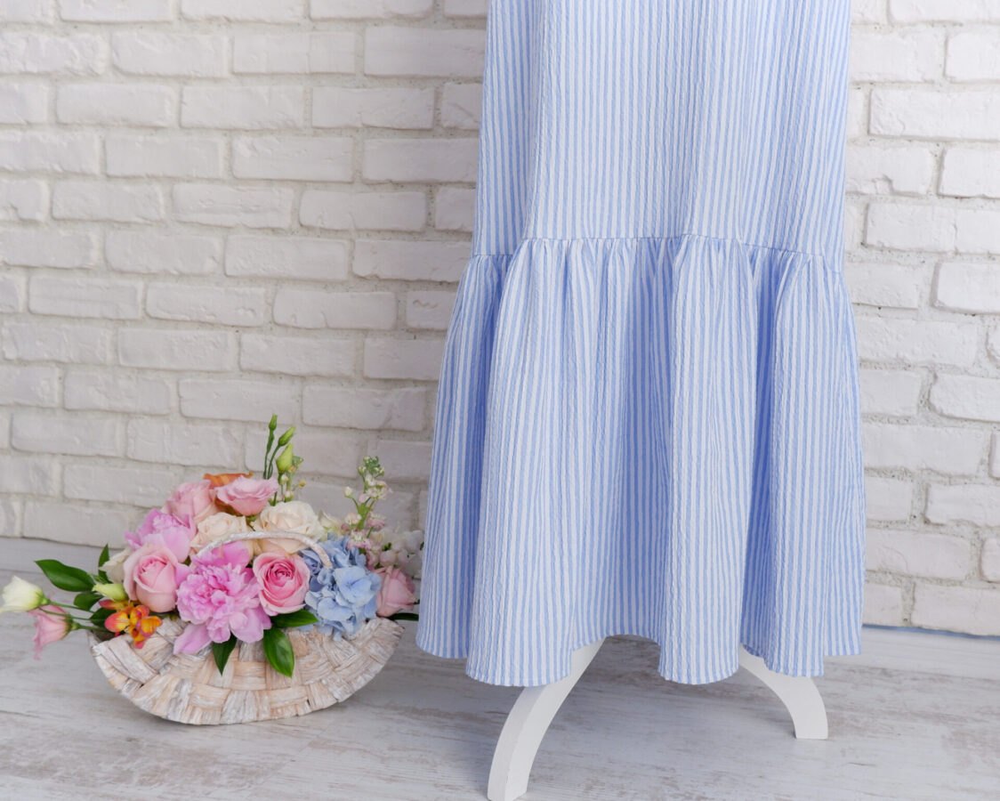 Rochie Lungă Volan Muselină Dungi Alb Bleu – 3