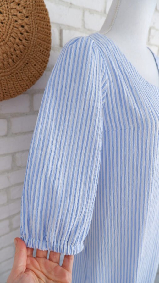 Rochie Lungă Volan Muselină Dungi Alb Bleu – 4