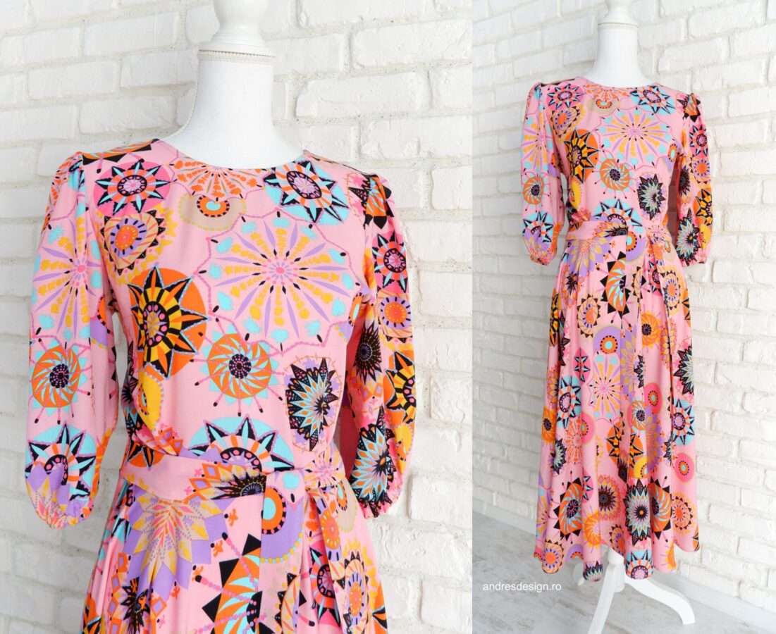 Rochie Vaporoasă Roz cu Print Multicolor