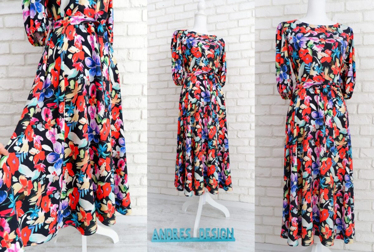 Rochie Vaporoasă Neagră cu Flori Colorate