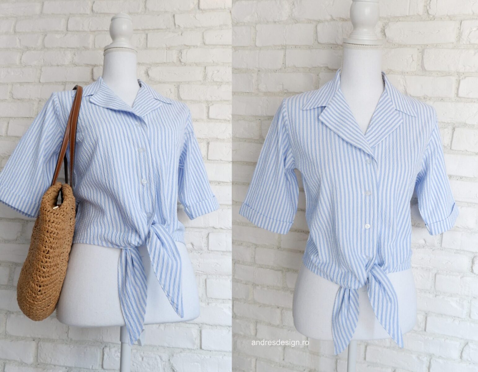 Camasa Crop cu Nod Muselina Dungi Alb Bleu