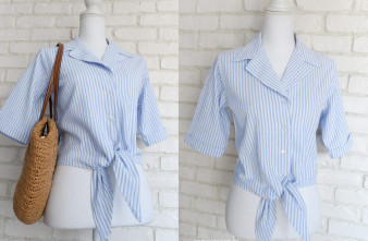 Camasa Crop cu Nod Muselina Dungi Alb Bleu