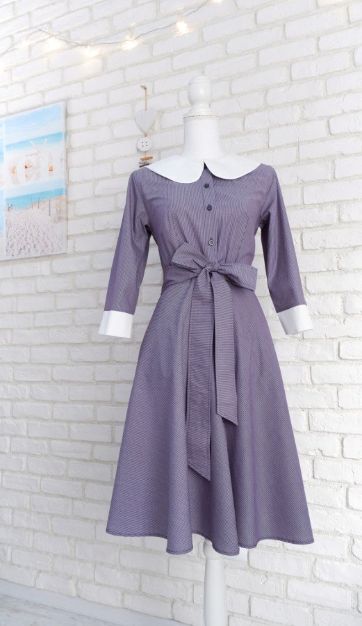 Rochie Cămașă Denim cu Dungi și Guler Mare Rotund Alb – 1