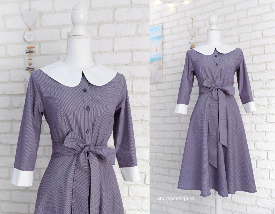 Rochie Cămașă Denim cu Dungi și Guler Mare Rotund Alb
