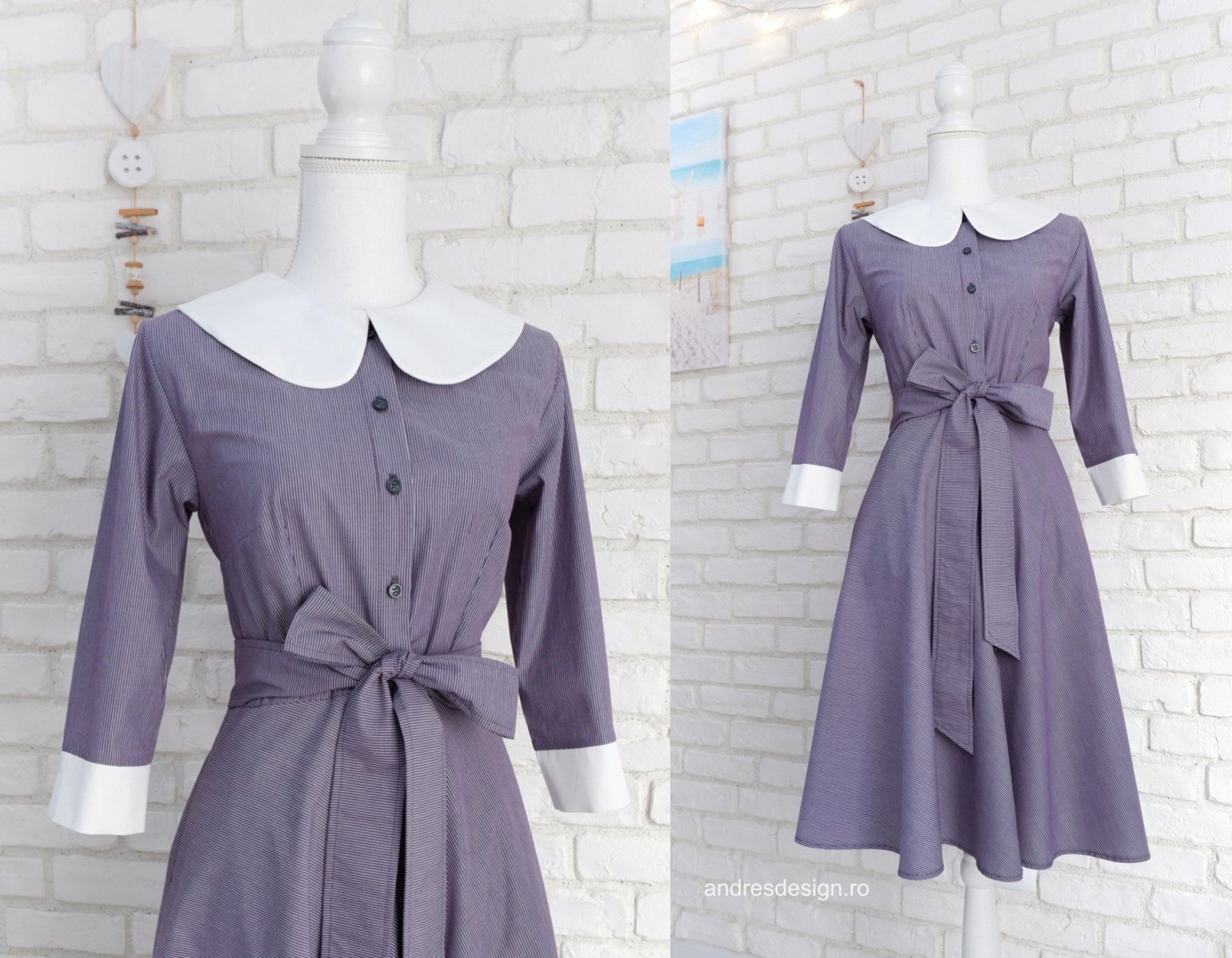 Rochie Camasa Denim cu Dungi si Guler Mare Rotund Alb