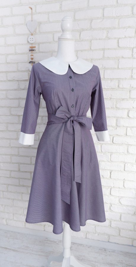 Rochie Cămașă Denim cu Dungi și Guler Mare Rotund Alb – 2