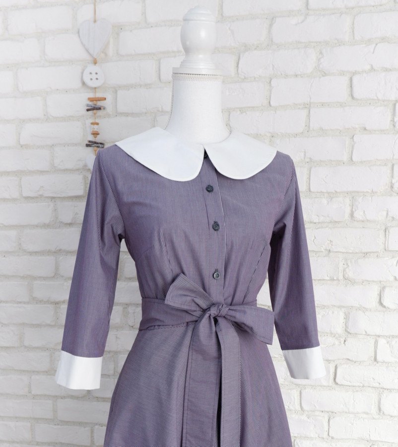 Rochie Cămașă Denim cu Dungi și Guler Mare Rotund Alb – 3