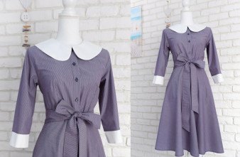 Rochie Camasa Denim cu Dungi si Guler Mare Rotund Alb