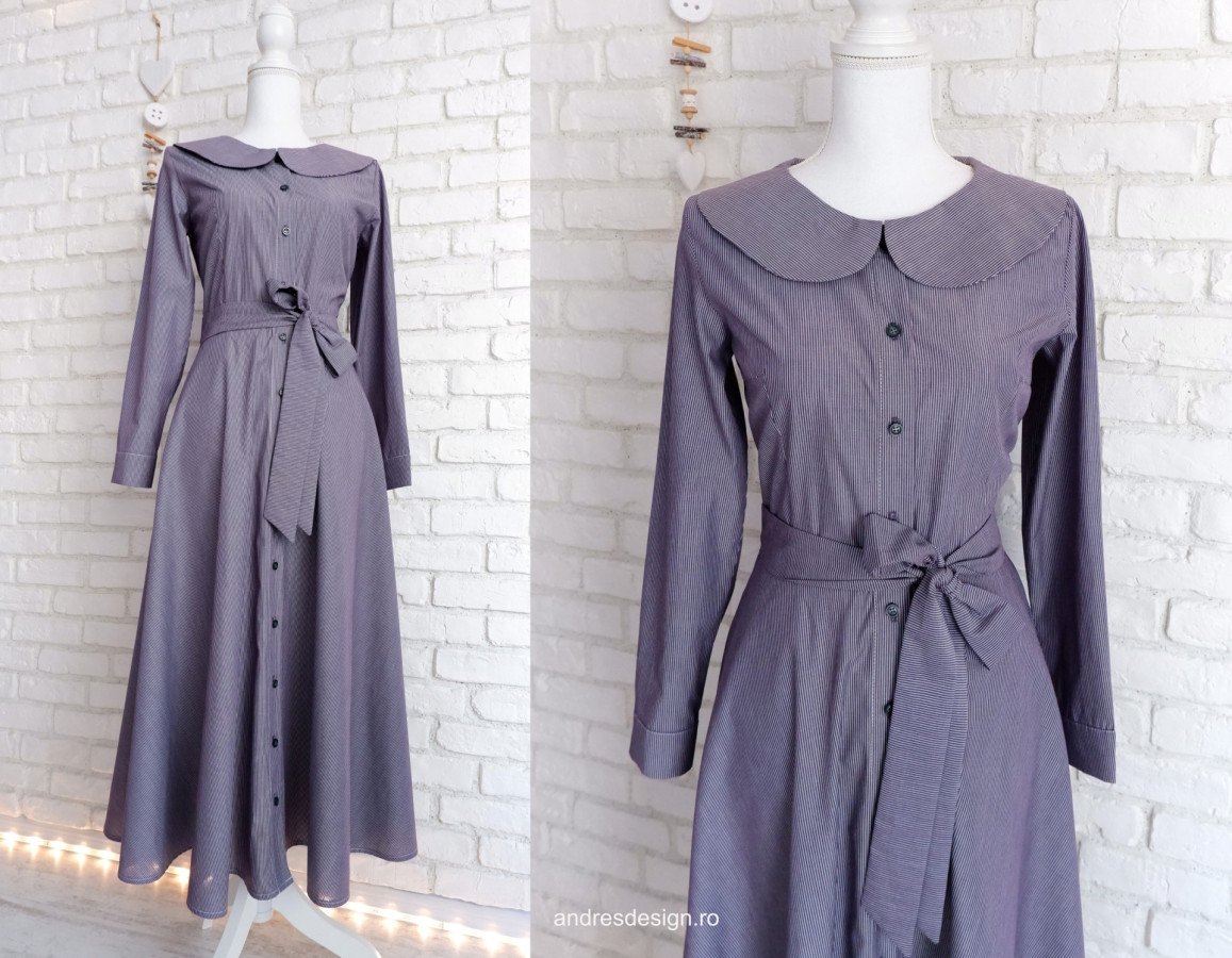 Rochie Cămașă Denim cu Dungi și Guler Mare Rotund Alb – 4