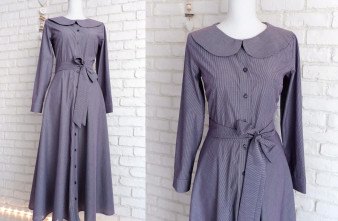 Rochie Camasa Lunga Denim cu Dungi si Guler Mare Rotund