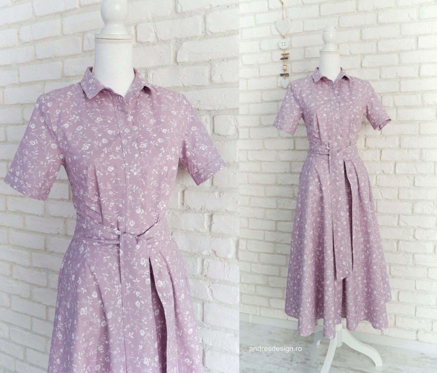 Rochie Camasa Maneca Scurta Lila cu Flori Albe