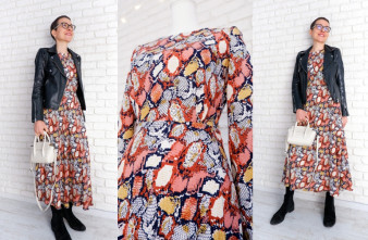 Rochie Lunga Vaporoasa Print Sarpe Caramiziu cu Bleumarin