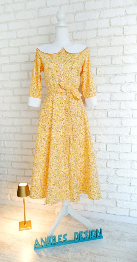 Rochie Cămașă Galbenă cu Margarete și Guler Mare Rotund – 1