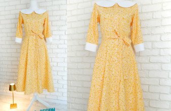 Rochie Camasa Galbena cu Margarete si Guler Mare Rotund