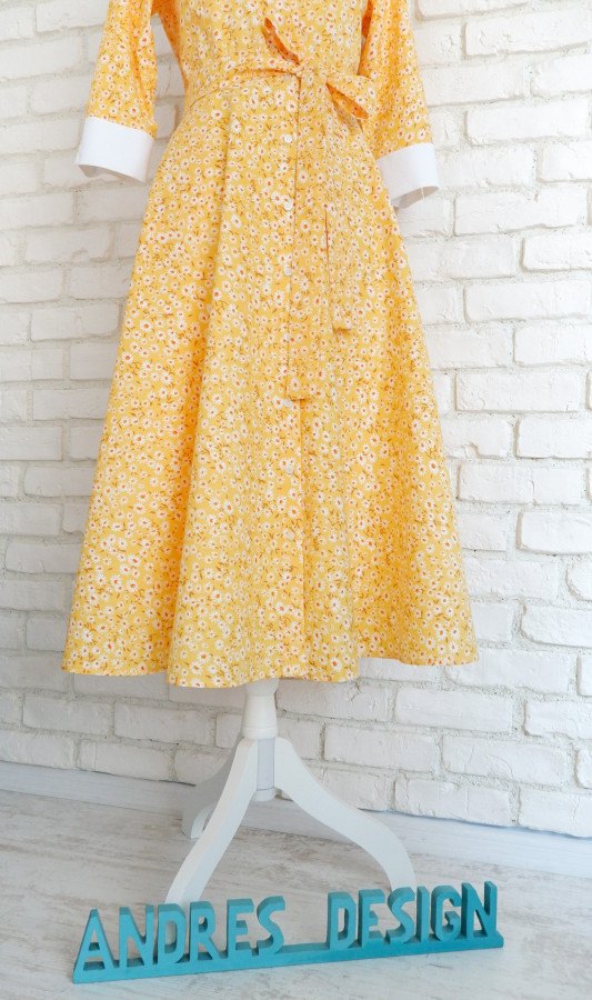Rochie Cămașă Galbenă cu Margarete și Guler Mare Rotund – 3