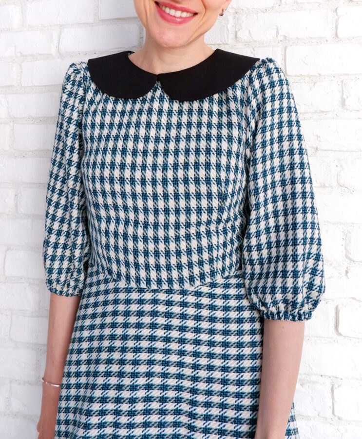 Rochie Stofă cu Guler Rotund Turcoaz cu Negru – 5