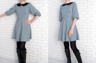 Rochie Stofa cu Guler Rotund Turcoaz cu Negru