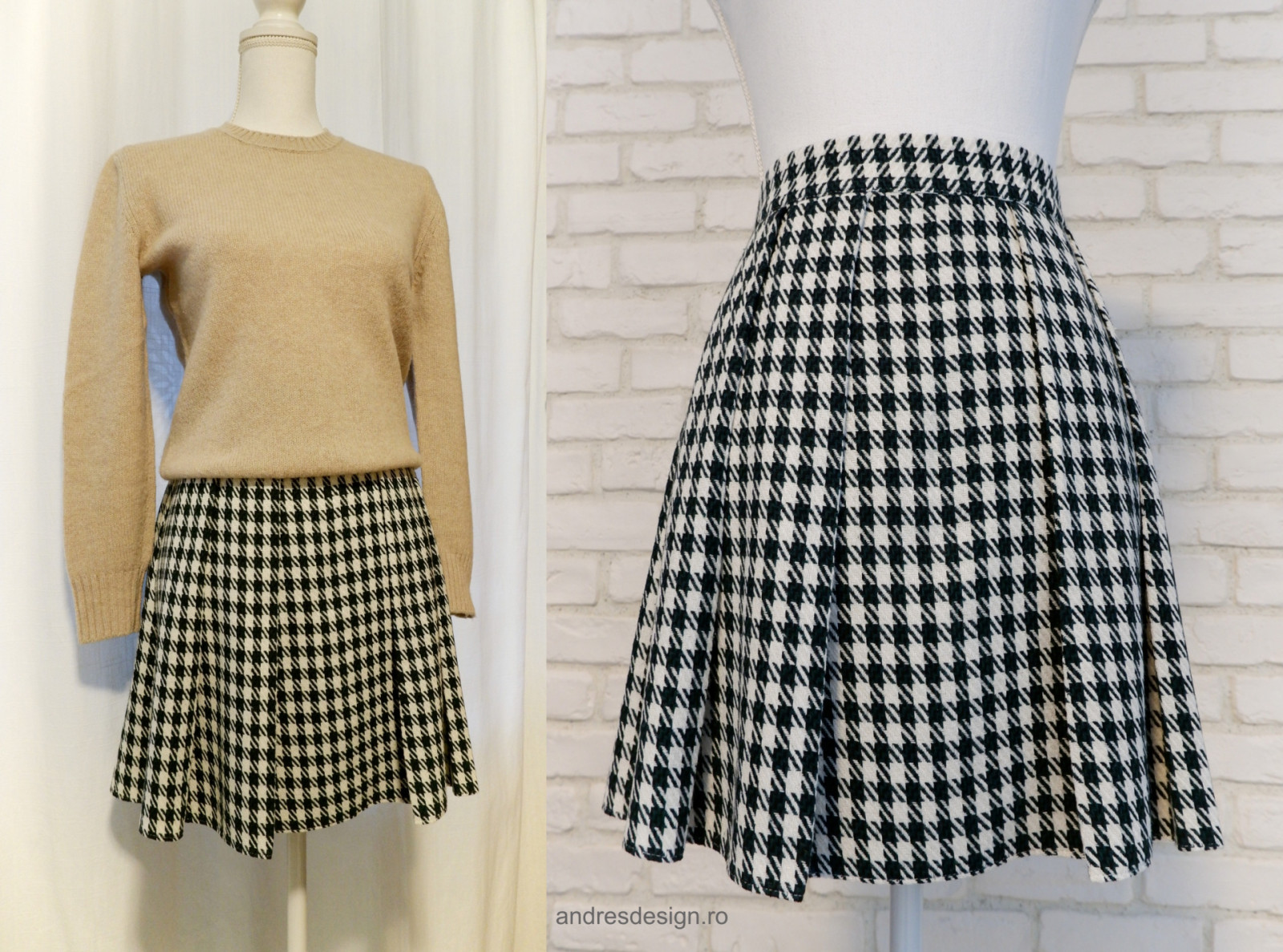 Fusta Plisata Stofa Picior de Cocos Verde Inchis cu Crem (masura S)