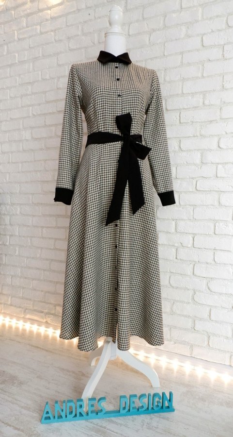 Rochie Cămașă Lungă Stofa Lână Carouri Bej cu Negru – 1