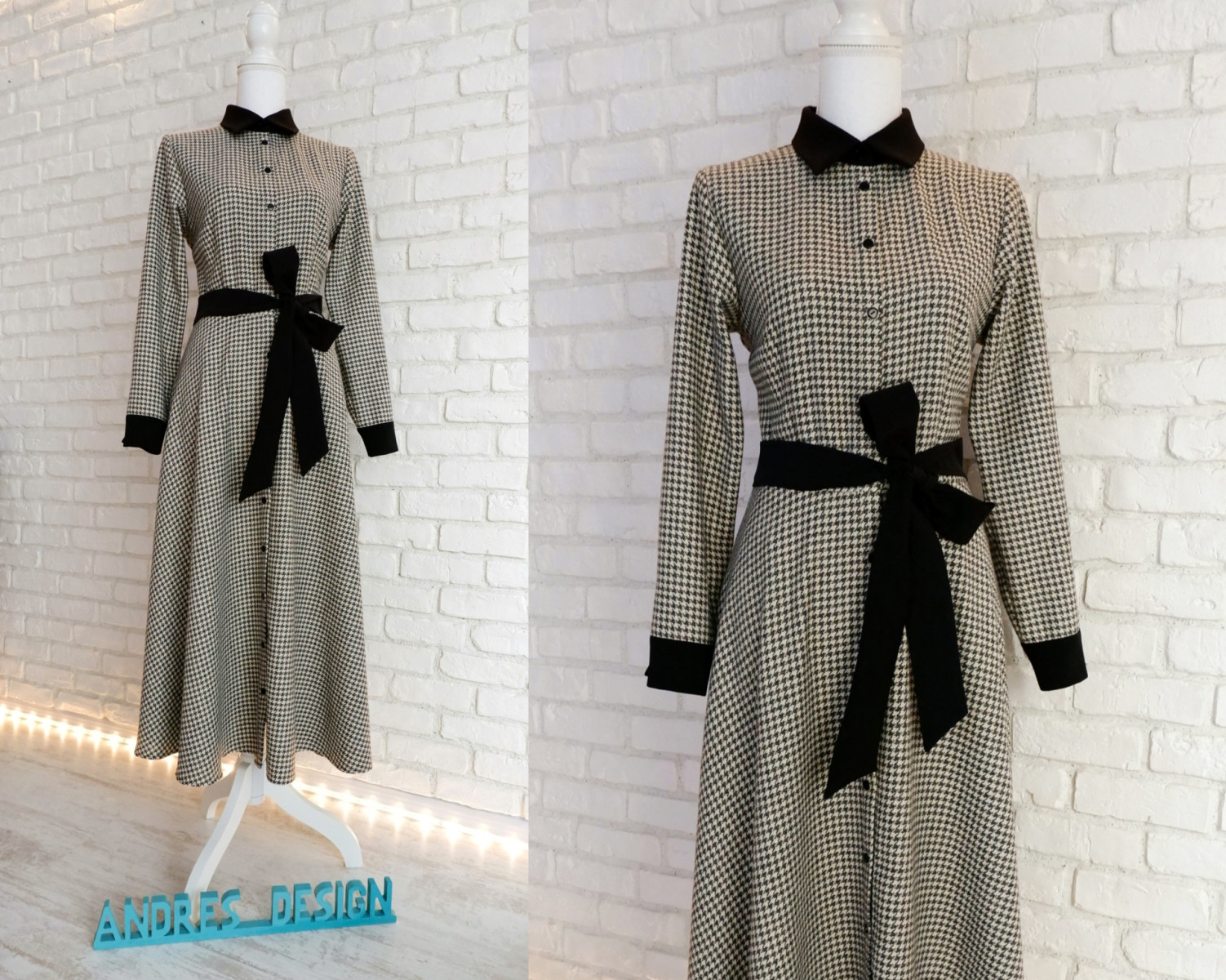 Rochie Camasa Lunga Stofa Lana Carouri Bej cu Negru